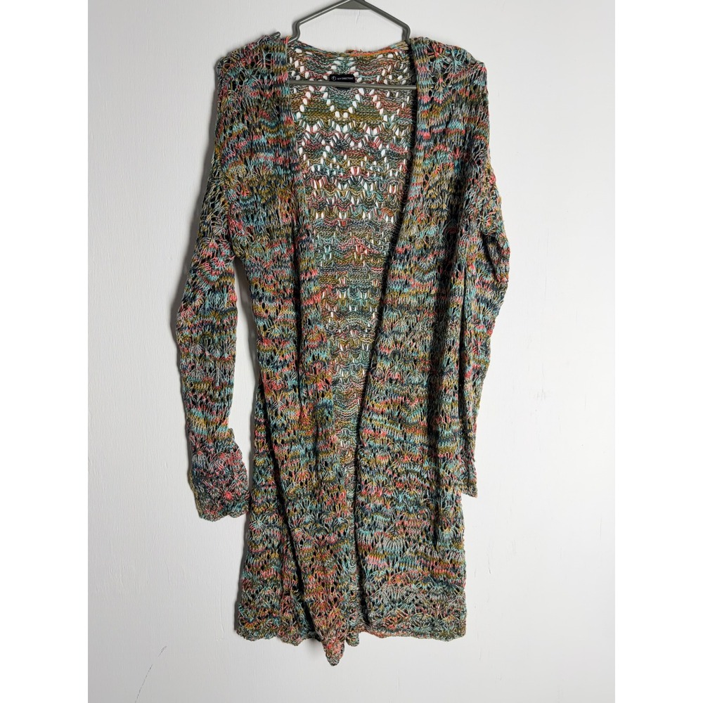 New Directions Multi Color Space Dye Open Knit Longline Cardigan Duster Medium